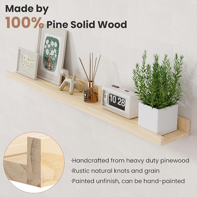 Floating Shelves for Wall, 36 inch Solid Wood Picture Ledge Shelf, Picture Shelf for Wall with Ledge, Floating Book Shelves for living room Bedroom Kitchen Nursery Decor, Natural Unfinished, Set of 2