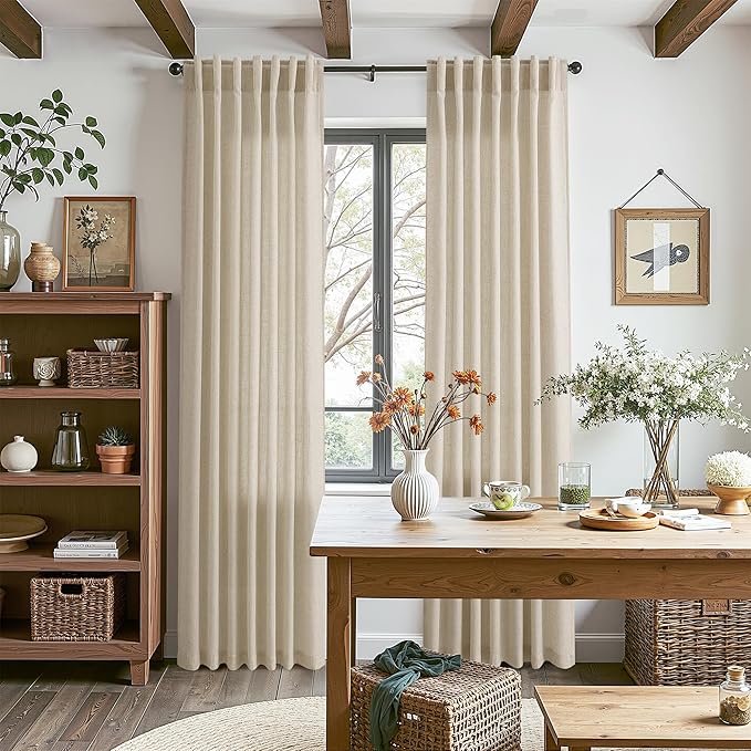 Eggshell Beige Linen Curtains for Living Room 105 Inches Long Light Filtering Semi Sheer Curtain Back Tab Rustic Farmhouse Decor Burlap Luxury Boho Drapes for Bedroom Dinner Room 52x105, 2 Panels