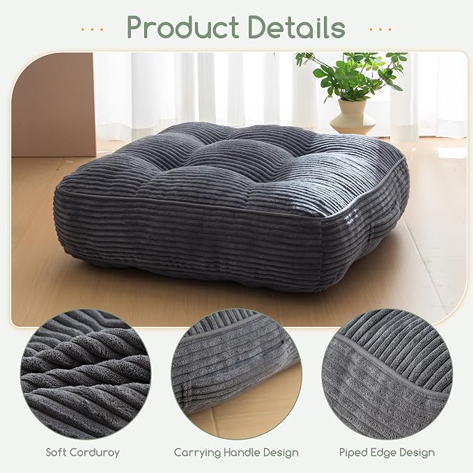 HIGOGOGO 6" Extra Thick Floor Pillow Cushion for Adults, Meditation Cushion Pillow, Large Square Floor Sitting, Tufted Corduroy Cover, for Tatami Living Room or Yoga, 22x22 Inch, Dark Grey