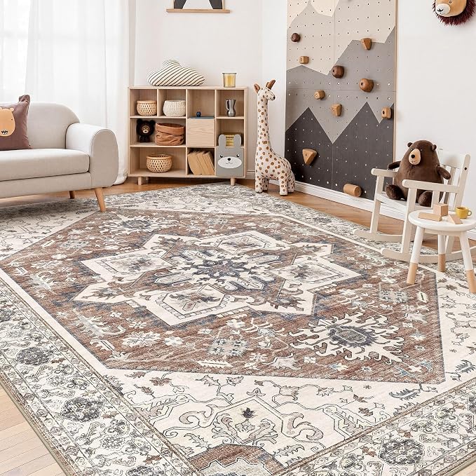 Area Rug 10x14 for Living Room - Washable Oriental Vintage Floral Distressed Large Indoor Carpets with Non Slip Back for Bedroom Dining Room Nursery Office Home Decor -Terracotta/Brown