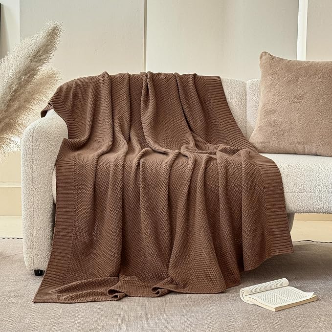 Simple&Opulence 100% Cotton Blanket Queen Size, Solid Color Cable Knitted Blanket Super Soft Comfortable Breathable Decorative Farmhouse for Couch Sofa Bed, All Season Use(Coffee,90x90)