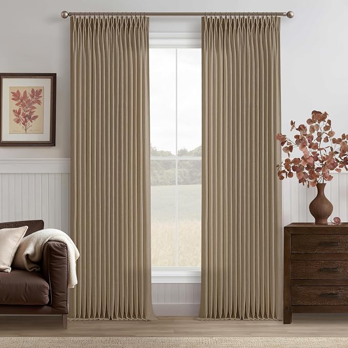 105 Inches Pleated Thick Linen Curtains 2 Panels Set for Living Room Bedroom Latte Memory Training Boho Farmhouse Linen Textured Curtain with Hooks Rings Light Brown Sliding Door Drapes 50x105