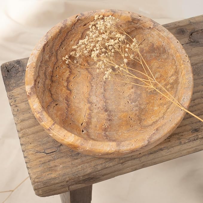 Shelf & Nook Travertine Decorative Bowls for Home Decor. Key Bowl for Entryway Table in a Choice of 5 Colors (Brown, Small)