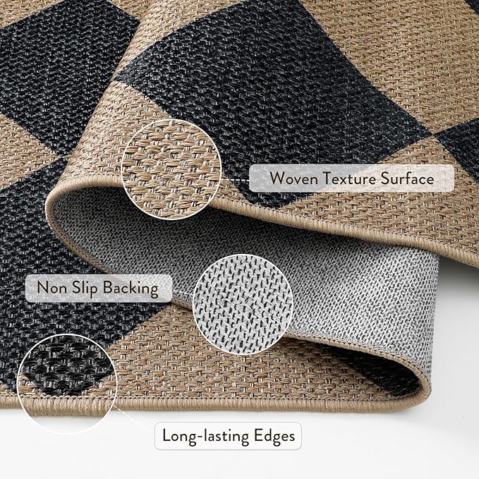 Lahome Colette Checkered Easy Jute Runner, 2x6 Kitchen Runner Rug Non Slip Washable Outdoor Rug for Entryway Indoor, Checkerboard Black Indoor Outdoor Carpet for Hallway 6ft Entry Front Door