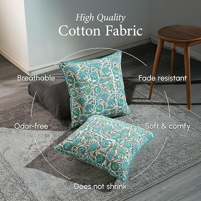 CPC Aqua Green Floral Printed Throw Square Cushion Covers - 18x18 Inch 100% Cotton Washable Decorative Couch Pillows Covers for Living Room Bed Sofa and Outdoors Spring, Easter, Valentines Gift