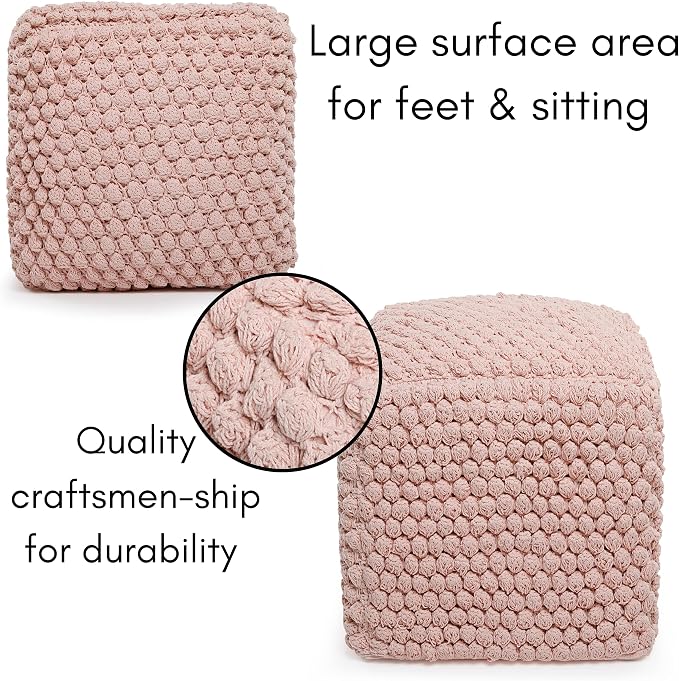BIRDROCK HOME Square Pouf Ottoman Foot Rest - 18” Compact Comfortable Soft Cotton Knit Bean Bag Floor - Chair Foot Stool Seat for Living Room, Bedroom, or Kids Room (Dusty Rose Pink Bud)