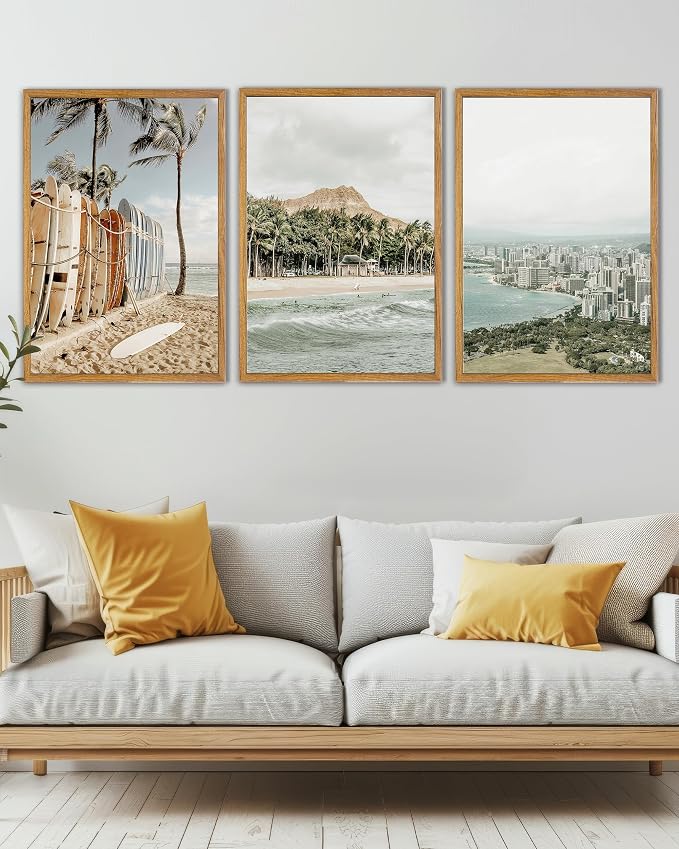 UPWOIGH Hawaii Coastal Framed Wall Art, 16 x 24 Inch, Set of 3 | Surfboard Beach, Diamond Head and Honolulu Prints, Soft Coastal Tones, Light Wood Frames for Living Room and Office
