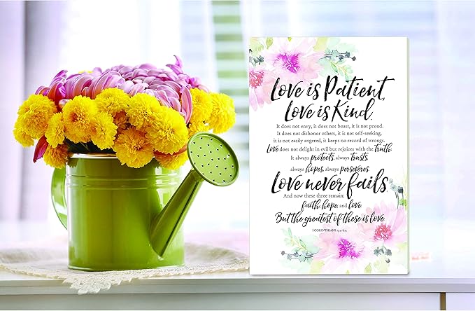 DEXSA Love Is Patient Wood Plaque with Inspiring Quotes 6"x9" - Elegant Frame Wall & Tabletop Decoration | Easel & Hanging Hook | Christian Family Religious Home Decor Saying | Made in the USA