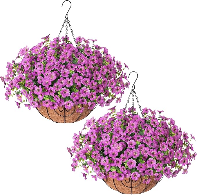 HyeFlora 2 Set Artificial Outdoor Flowers Hanging Basket, Faux Hanging Plants for Outside Spring Decoration, Fake Silk UV Resistant Look Real Daisy for Porch Patio Home Decor