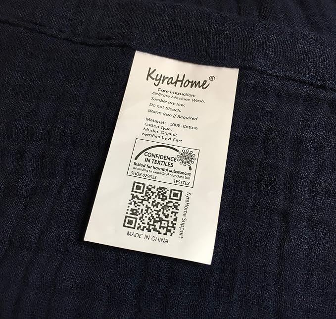 KyraHome 100% Organic Cotton Throw Blanket, 50"x60", Pre-Washed Plant Dyed, Breathable, Lightweight Gauze Muslin Blanket for Adult, Couch, Bed, Travel, All Season (Navy)
