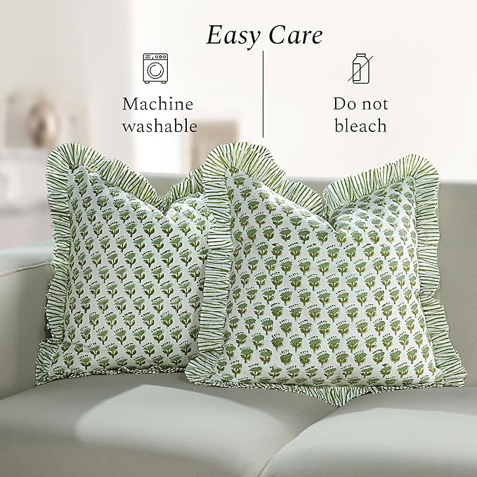 CPC Block Print Ruffle Throw Cover Emerald Green 20"x20" Inch Pack of 2-100% Cotton Ruffle Couch Decorative Boho Pillows Case for Living Room, Bedroom, Sofa, Farmhouse Gift for Spring, Mother's Day