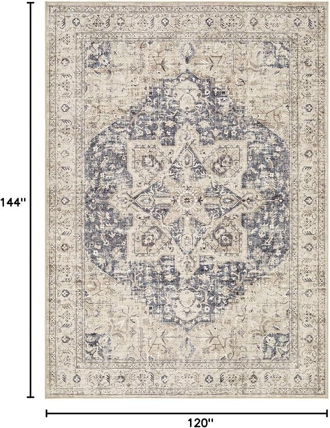 Tortania Area Rug Living Room Rugs - 10x12 Washable Boho Rug Vintage Oriental Distressed Farmhouse Large Thin Indoor Carpet for Living Room Bedroom Under Dining Table Home Office - Cream Blue