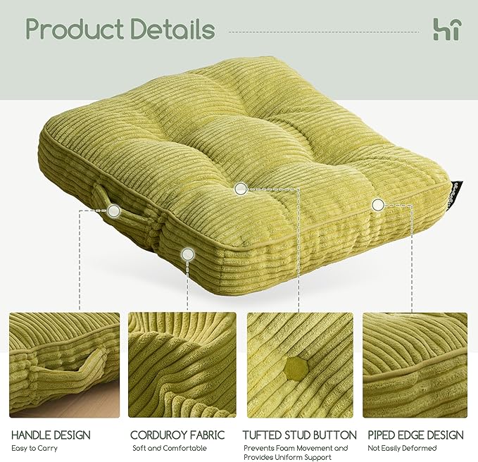 HIGOGOGO Floor Pillow Cushion for Adults, Meditation Cushion Pillow, Large Square Floor Sitting, Tufted Corduroy Cover, for Tatami Living Room or Yoga, 22x22 Inch, Green