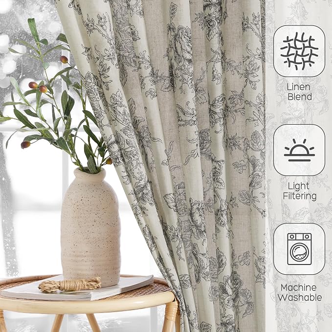 StangH Linen Floral Curtains for Living Room, Black Printed 84 inch Length Farmhouse Light Filtering Flower Patterned Drapes for Bedroom Dining Room, W52 x L84, 2 Panels