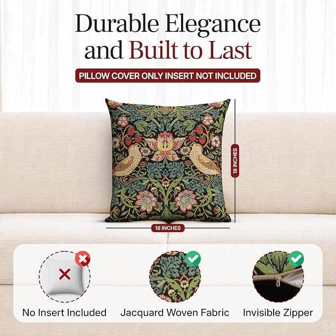 Charlotte Home Furnishings Inc Strawberry Thief Black Throw Pillow Covers 18x18, European 100% Cotton Jacquard Woven Fabric, Boho & Vintage Inspired Decorative Cushion for Living Room and Sofa