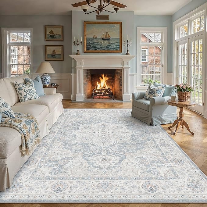HUGEAR 8x10 Washable Area Rugs for Living Room Bedroom Blue Vintage Large Soft Carpet Rug Non-Shedding & Non-Slip Low Pile Indoor Home Decor Dining Room Kitchen Office Floor Mat