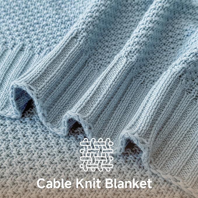 Simple&Opulence 100% Cotton Blanket King Size, Solid Color Cable Knitted Blanket Super Soft Comfortable Breathable Decorative Farmhouse for Couch Sofa Bed, All Season Use(Winter Blue,104x90)