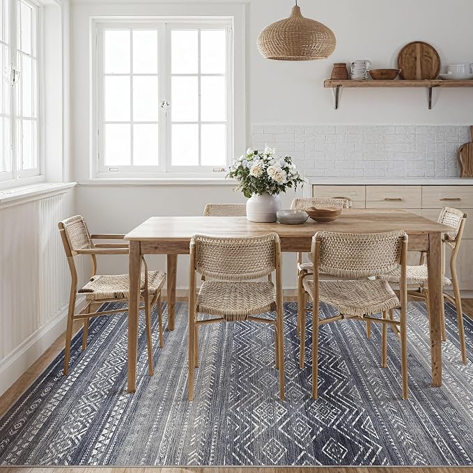 Tortania Area Rug Living Room Rugs- 7x9 Washable Large Soft Neutral Boho Moroccan Bohemian Farmhouse Rug Indoor Floor Carpet for Bedroom Under Dining Table Home Office Decor - Blue Gray