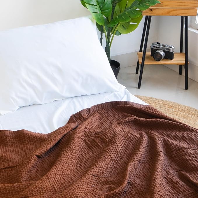 Salt Earth GOTS Certified 100% Organic Cotton Waffle Throw Blanket, 60"x80", Boho Style, Potting Soil Color