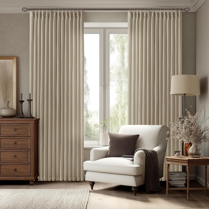 Pinch Pleated Tan Curtains 80 Inches Long for Sliding Glass Doors 2 Panels Set Burlap Flax Linen Light Filtering Window Drapes with Hooks Rings for Living Bedroom 80 Inch Length Khaki Brown Camel
