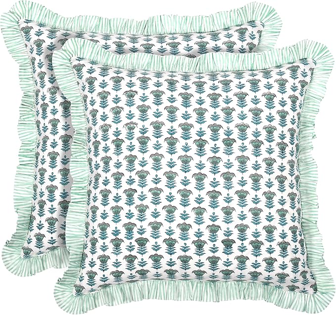 Ridhi Block Print Aquamarine Blue Throw Pillow Cover 20" x 20" (Pack of 2) Decorative Cushion Covers with Ruffle for Couch, Sofa, Bed, Living Room, Home Decor Gift for Spring, Easter, Valentine