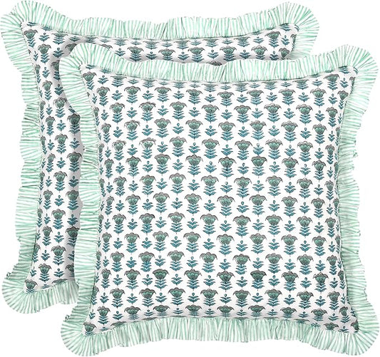 Ridhi Block Print Aquamarine Blue Throw Pillow Cover 20" x 20" (Pack of 2) Decorative Cushion Covers with Ruffle for Couch, Sofa, Bed, Living Room, Home Decor Gift for Spring, Easter, Valentine