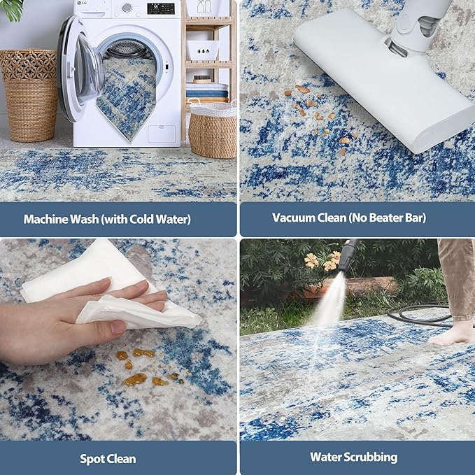 5x8 Area Rugs for Living Room Rug Washable: Abstract Rug for Dining Room Bedroom Carpet Non Slip 5 by 8 Indoor Modern Nursery Home Office Blue Grey White