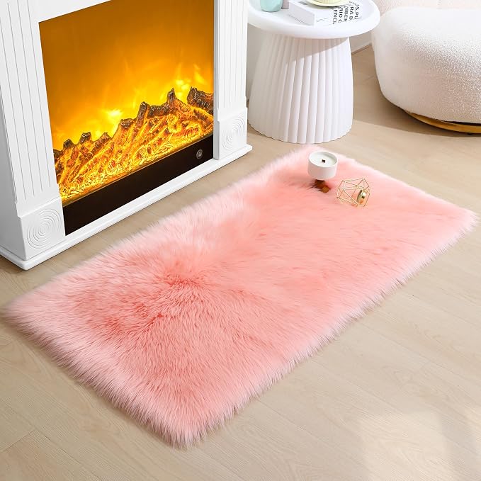 Faux Fur Rug Fluffy Sheepskin Area Rug,Ultra Soft Shaggy Plush Rug Bedroom Living Room Sofa Floor Kids Room Bedside（2 x 4 ft Rectangle Pink）