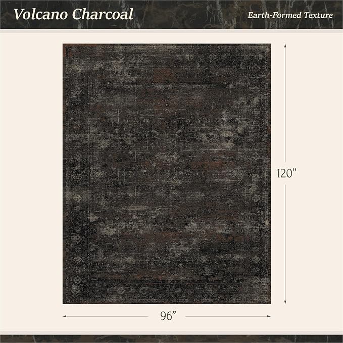 TALANOVA Black Farmhouse Washable 8x10 Area Rugs for Living Room, Dark Charcoal Volcanic Textured Large Rug for Bedroom, Non-Slip Stain Resistant for Dining Room Office Décor