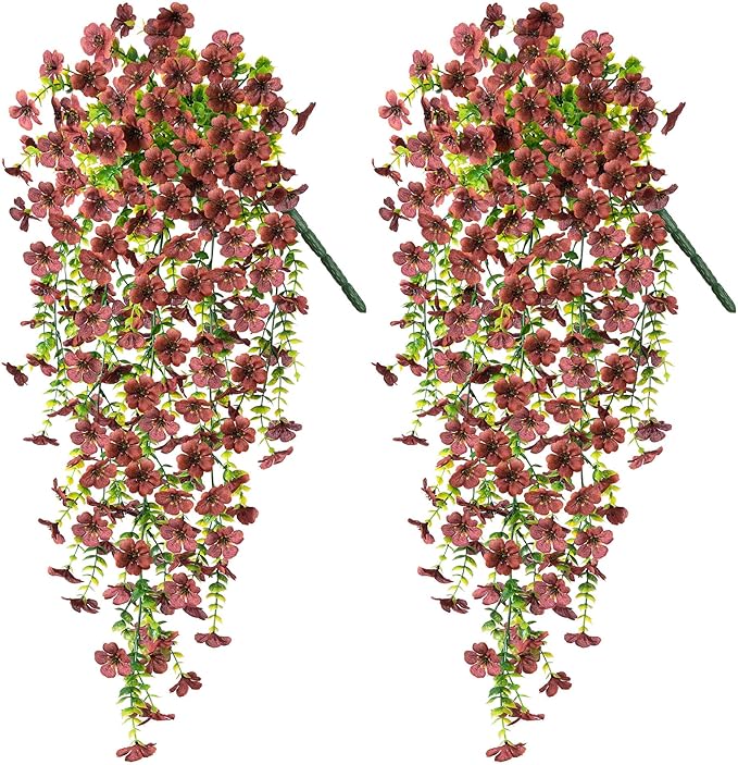 Ammyoo Artificial Mums for Outdoors Fake Hanging Flowers for Decoration, 2 PCS Silk Daisy Flower Realistic Faux Plants UV Resistant for Porch Patio Window Yard Outside Decor(Brown)