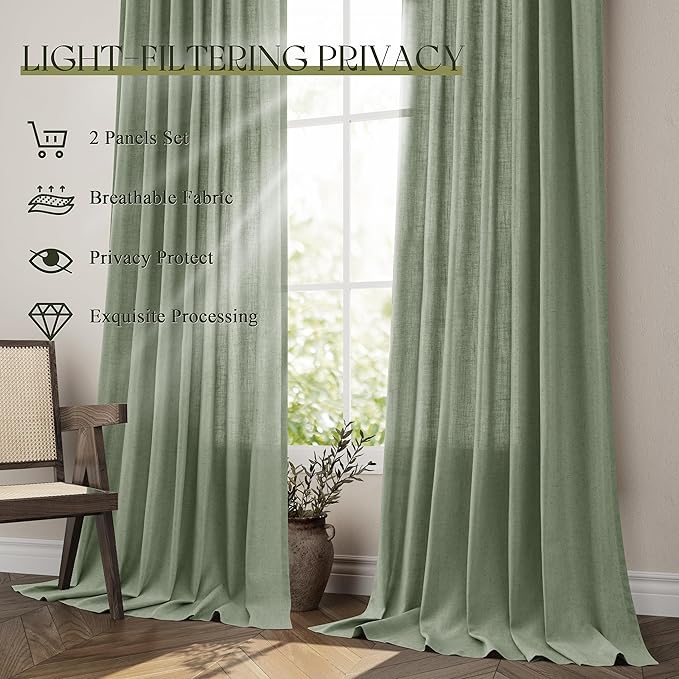 Jowels Light Sage Green Linen Curtains 84 Inch 2 Panels for Living Room | Light Filtering Semi Sheer Curtain, Back Tab Pocket Pleated Look, Boho Farmhouse Textured Privacy Drapes for Bedroom Window