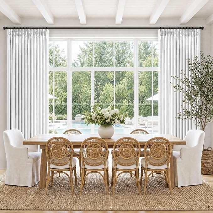 Pinch Pleated Snow White Curtains 100 Inch Length 2 Panels Set Semi Sheer Privacy Pinch Pleat Drapes with Back Tab Hooks Rings Farmhouse Light Filtering Curtain for High Living Dining Room Bedroom