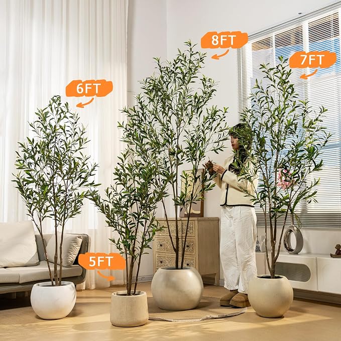 Erimda 8FT Artificial Olive Tree Tall Faux Silk Plant Tall Faux Olive Tree with Natural Wood Trunk & Lifelike Fruits Fake Potted Tree or Home Office Decor