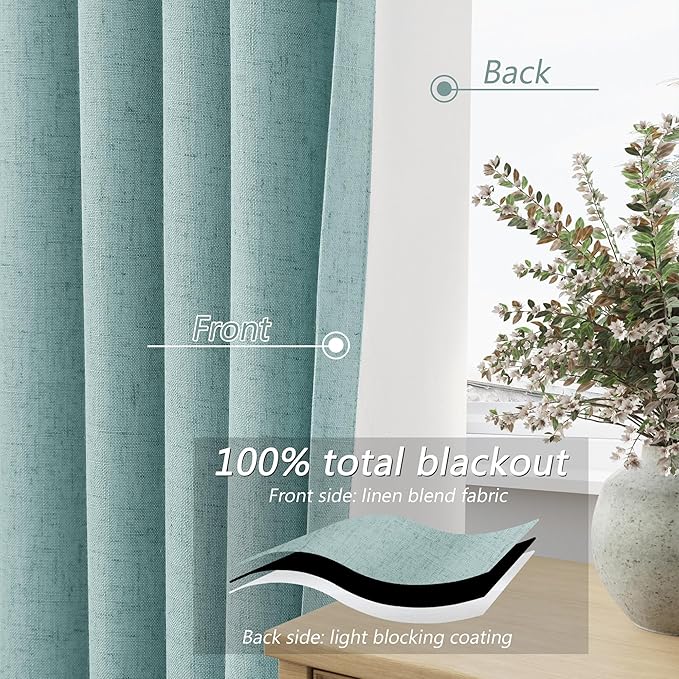 Guken 100% Blackout Linen Curtains 72 Inch Length 2 Panels Set for Living Room Bedroom Back Tab Thermal Insulated Black Out Linen Drapes Room Darkening Window Curtains,Light Blue