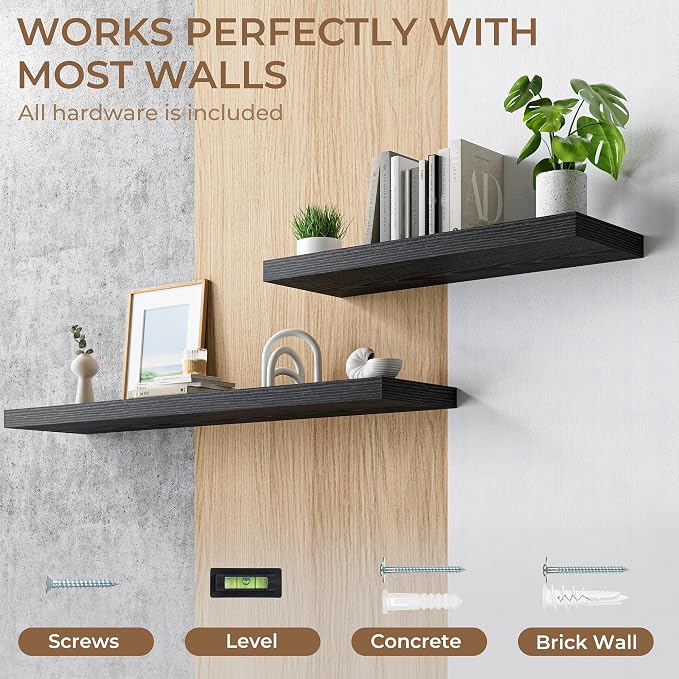RICHFOCUS Deep Floating Shelves for Wall 2 Pack 12" D 16 Inch Wall Shelves for Room Wall|Wood Hanging Shelf with Invisible Brackets for Bathroom Bedroom Kitchen Laundry Room, Black