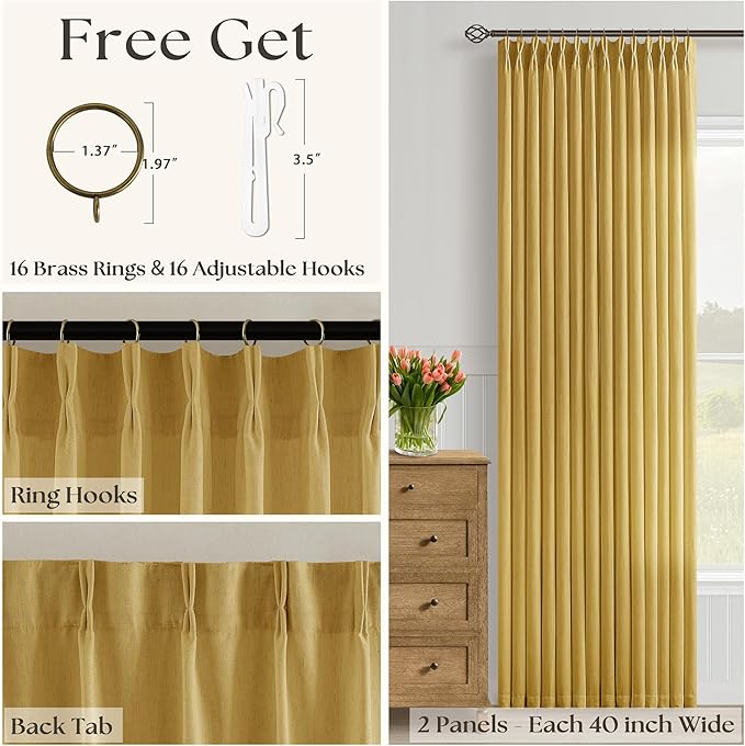 Extra Long Mustard Yellow Linen Curtains 120 Inches Long Retro Farmhouse Rustic Curtain Light Filtering Semi Sheer Back Tab Pinch Pleat Curtain for Tall Ceiling Living Room 2 Panels Harvest Gold