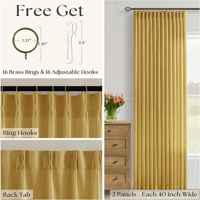 Mustard Yellow Linen Curtains Pinch Pleated 84 Inches Long 2 Panels for Living Room Dining Pinch Pleat Light Filtering Boho Retro Bedroom Window Curtain Spring Ochre Yellow Gold Autumn Fall Decor