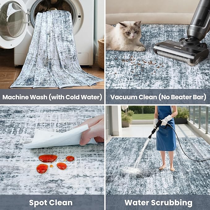 9x12 Area Rugs Washable Rug:Anti-Skid Abstract Modern Living Room Rug Soft Thin Carpets Indoor Floor Non-Shedding Carpet for Bedroom Dining Farmhouse Nursery Home Office(Light Slate Blue/White, 9x12)