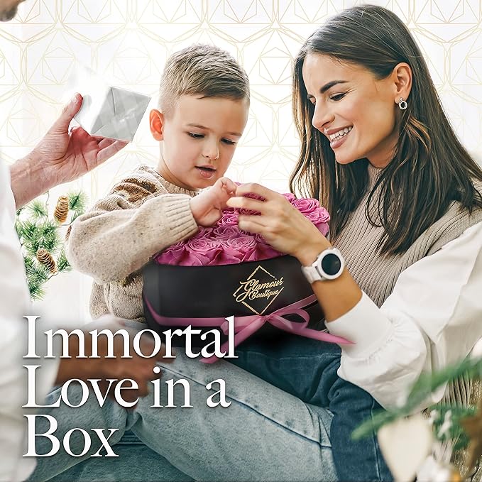 GLAMOUR BOUTIQUE 27 Flower Forever Heart Shape Box, Eternal Preserved Roses Gift for Her, Lasting Flowers, Premium Floral Heart Box for Birthday, Anniversary or Valentine’s Day, Pink (Color-Treated)