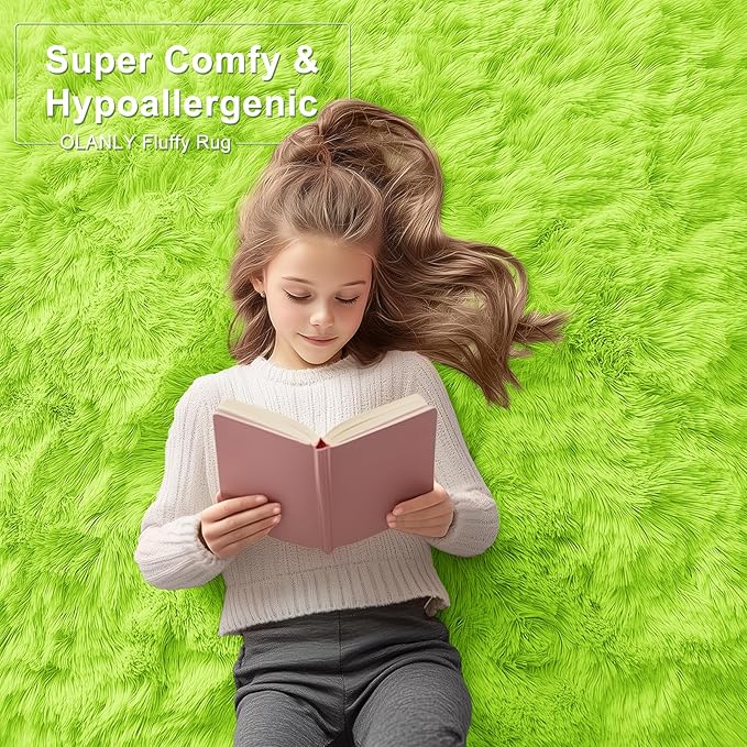 OLANLY 3x5 Machine Washable Small Bedside Rug, Soft Fluffy Shaggy Rugs for Living Room, Bedroom, Indoor Floor Carpet for Kids Girls and Boys, Preppy Dorms, Nursery, Home Decor Aesthetic, Lime Green