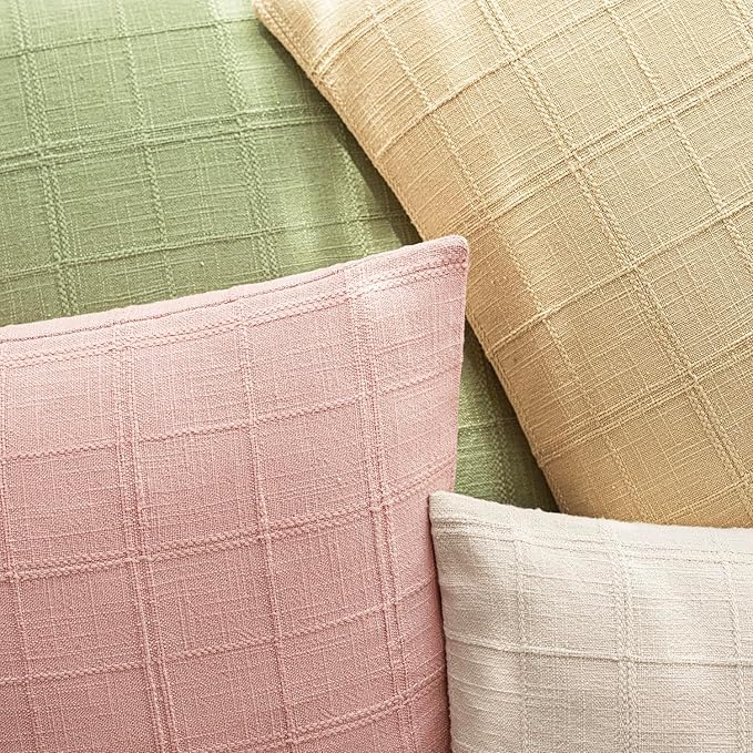 Foindtower Set of 2 Decorative Linen Check Throw Pillow Covers Neutral Farmhouse Vintage Cushion Covers Modern Boho Accent Home Decor for Sofa Chair Couch Bedroom Living Room,20×20 Inch,Light Pink