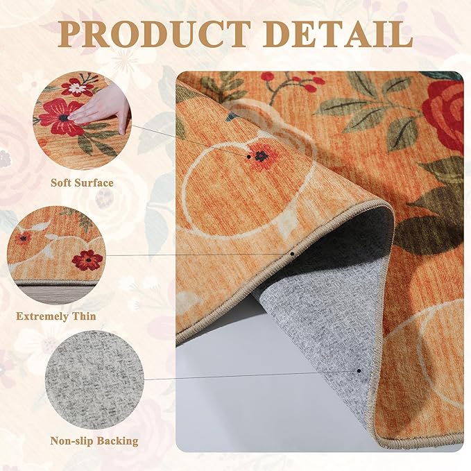DUKINO Runner Rug, 2x10 Kitchen Hallway Carpet, Washable with Non-Slip Backing, Low Pile Soft Boho Floral for Entryway, Laundry, Bedroom, Orange
