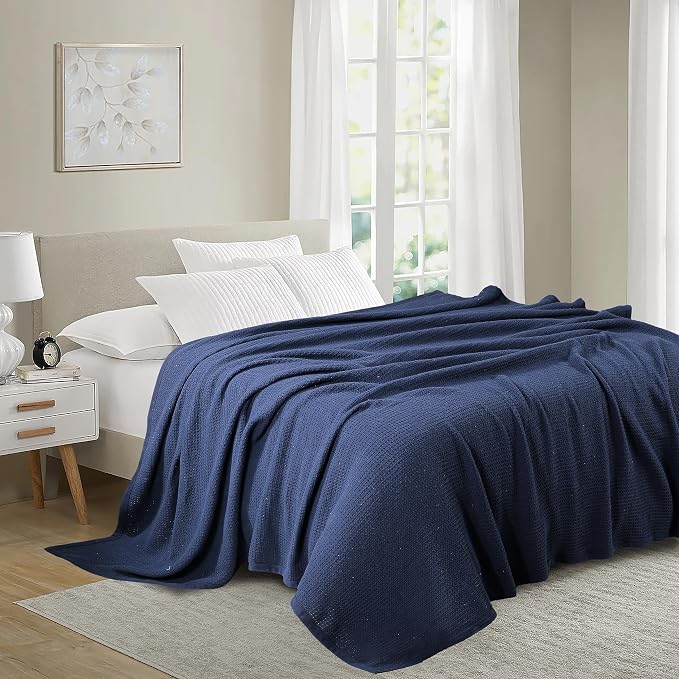 TreeWool Premium 100% Cotton Waffle Summer King Blanket (90"x108", Navy) | 420 GSM Breathable Lightweight Moisture Wicking Soft Knit Thermal Blanket for Bed or Sofa All-season Comfort Machine Washable