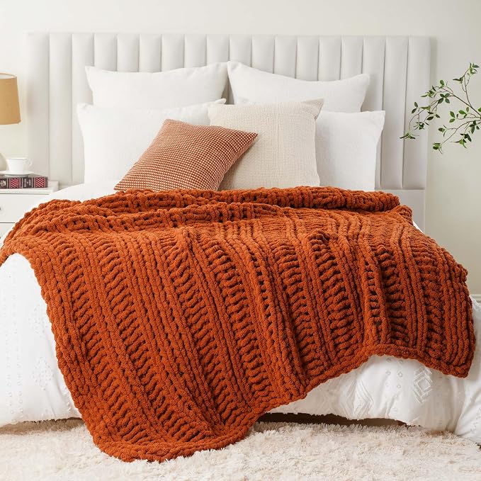 Battilo Chunky Knit Throw Blanket for Couch, Fall Decor, 50"x60", Rust | Hand Knit with Chunky Yarn, Decorative Fall Throw Blanket, Cozy Warm Soft Chenille Throw Blanket for Bed, Sofa, Living Room