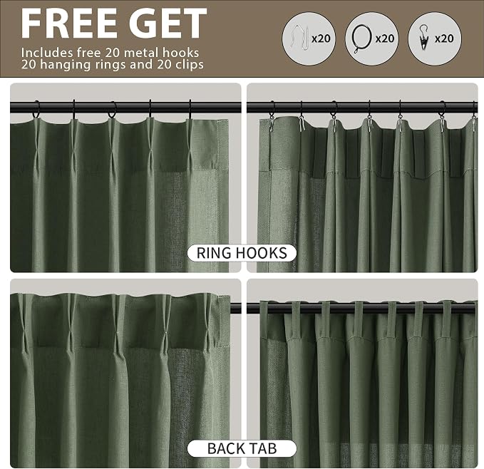 Olive Green Pinch Pleated Linen Curtains 96 Inch Length 2 Panels Set for Living Room Bedroom Vintage Neutral Window Privacy Light Filtering Semi Sheer Back Tab Drapes with Hooks for Dining Room 40x96