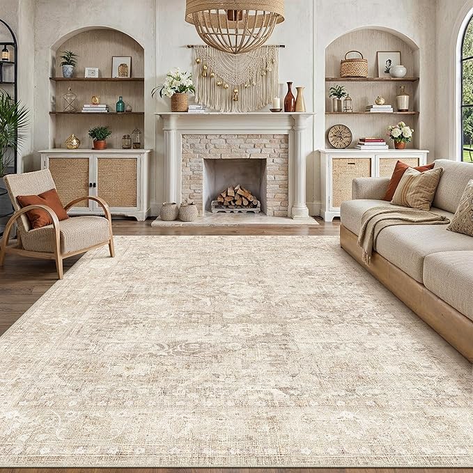 10x14 Beige Area Rug for Living Room Bedroom Neutral Soft Non Slip Rug Low Pile Vintage Distressed Large Carpet for Dining Room Nursery Office Indoor