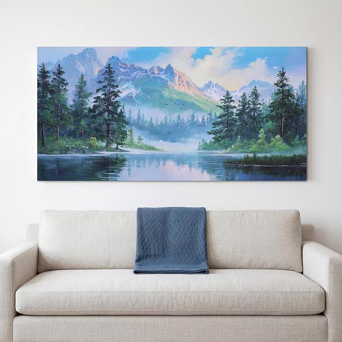 Acocifi Landscape Canvas Wall Art for Living Room 40"x20" Blue Painting | mountain lake forest nature scenery picture pine trees modern wall decor bedroom kitchen artwork framed ready to hang