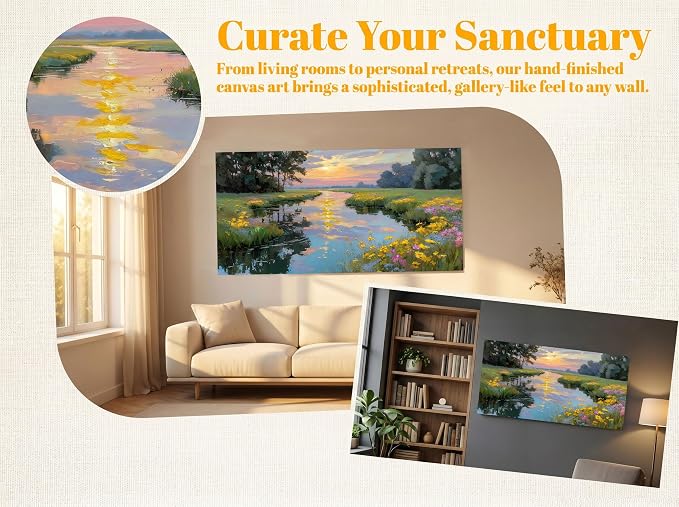 Arjun Landscape Canvas Wall Art Sunset Vibrant Wildflower Flower Field Nature Scene Scenery River Painting, Textured Framed Picture Large Artwork for Living Room Bedroom Wall Decor 40"x20"