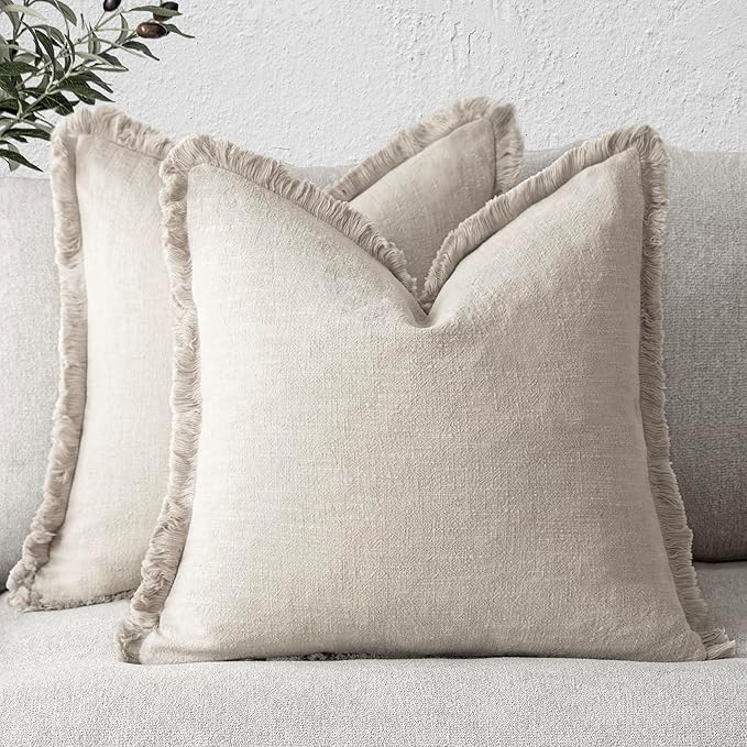 Foindtower Set of 2 Decorative Linen Fringe Throw Pillow Covers Cozy Boho Farmhouse Cushion Cover with Tassels Soft Accent Pillowcase for Couch Sofa Living Room Home Decor, 26×26 Inch, Natural Beige