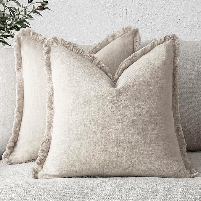 Foindtower Set of 2 Decorative Linen Fringe Throw Pillow Covers Cozy Farmhouse Boho Cushion Cover with Tassels Soft Accent Pillowcase for Couch Sofa Bed Living Room Home Decor 20×20 Inch Beige